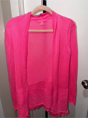 Lilly Pulitzer Tatum Cardigan Pink Fringe Hem Open Front Sweater Size XS